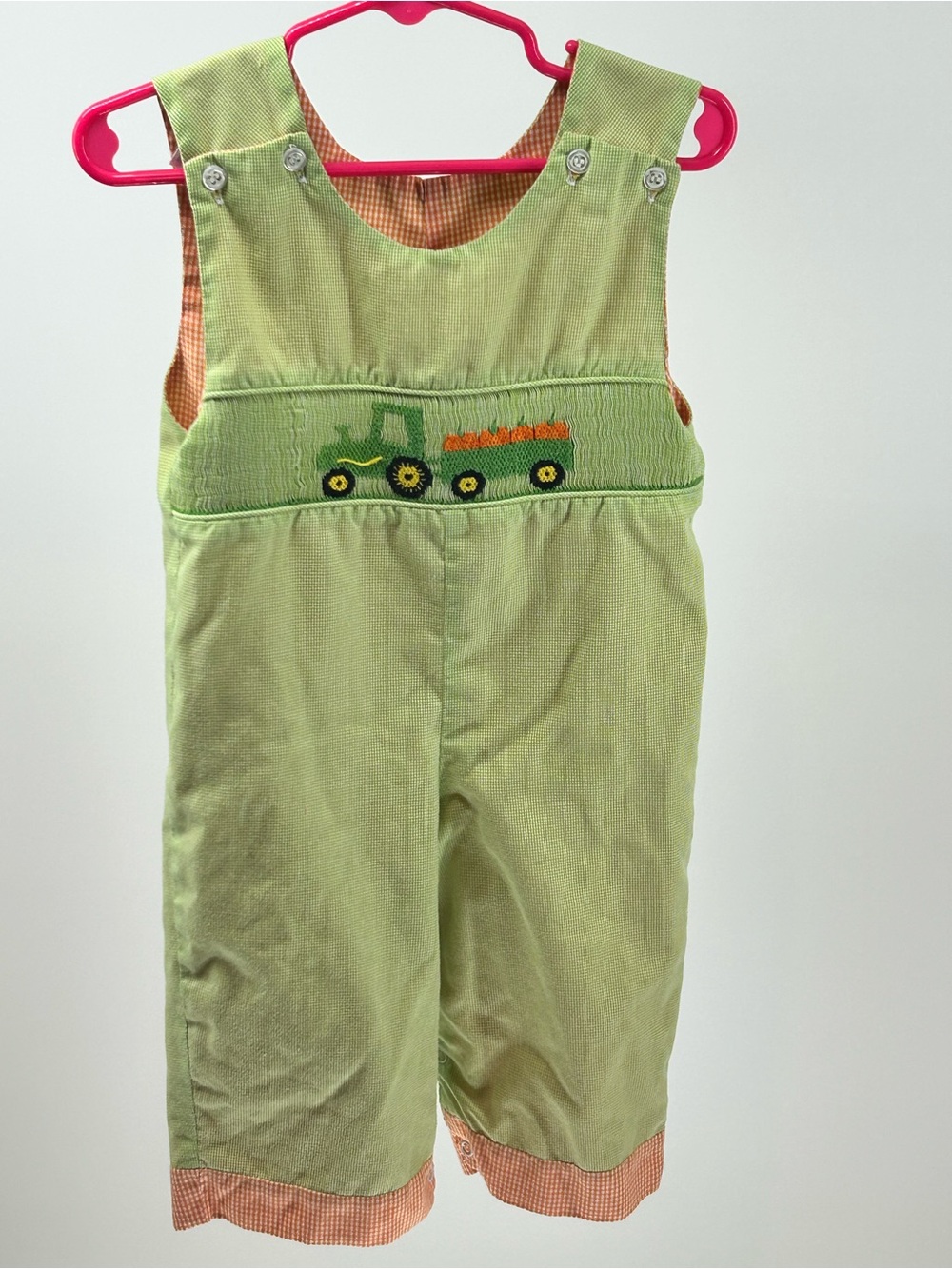 Smocked Embroidered Jon Jon Baby Boy 18 Mo  Pumpkin Tractor Fall Romper Gingham